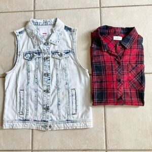 Grunge bundle of acid wash denim vest and plaid shirt 80s indie punk rock